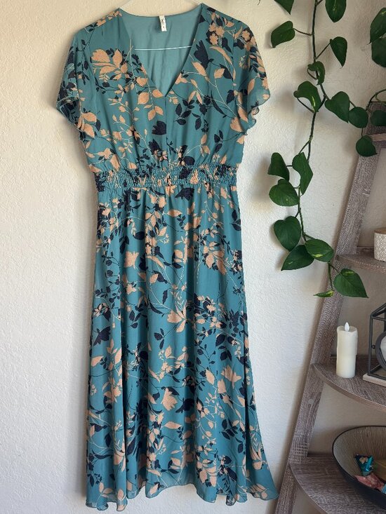 Simplee Dresses & Skirts - Simplee Teal Floral Midi Dress Women’s Large Smocked Waist Flutter Sleeve